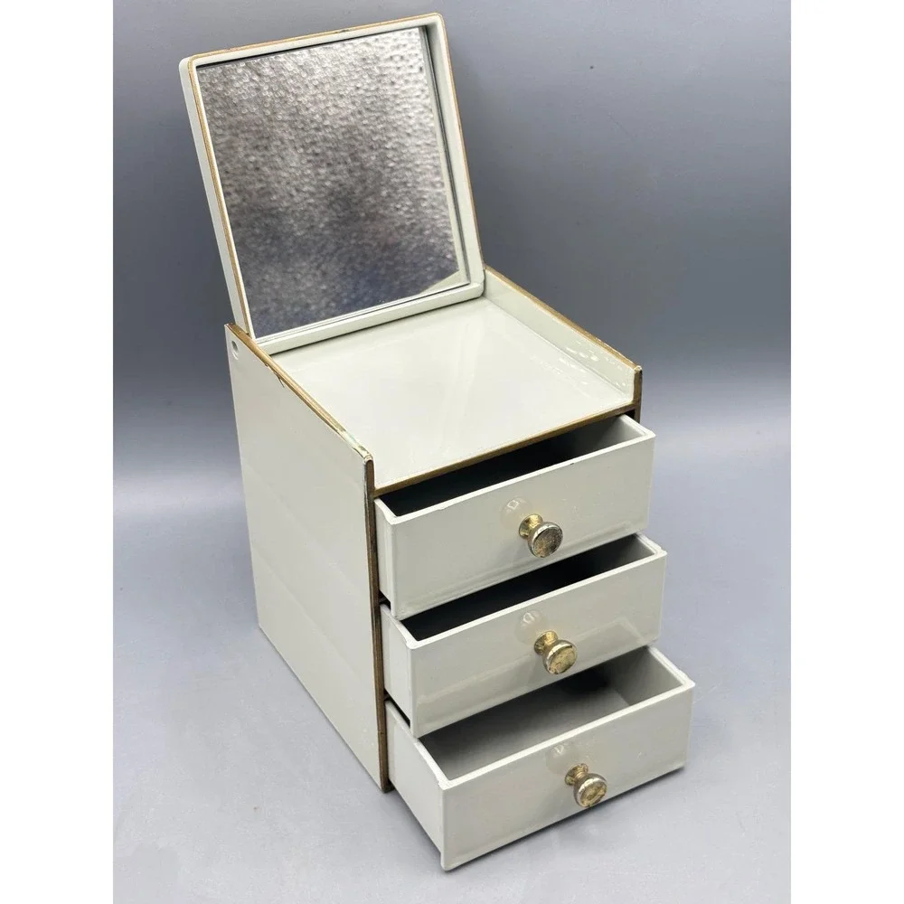 Vintage Otagiri Japan‎ Grand Iris Jewelry Box 3 Drawer Mirror Cream Lacquerware